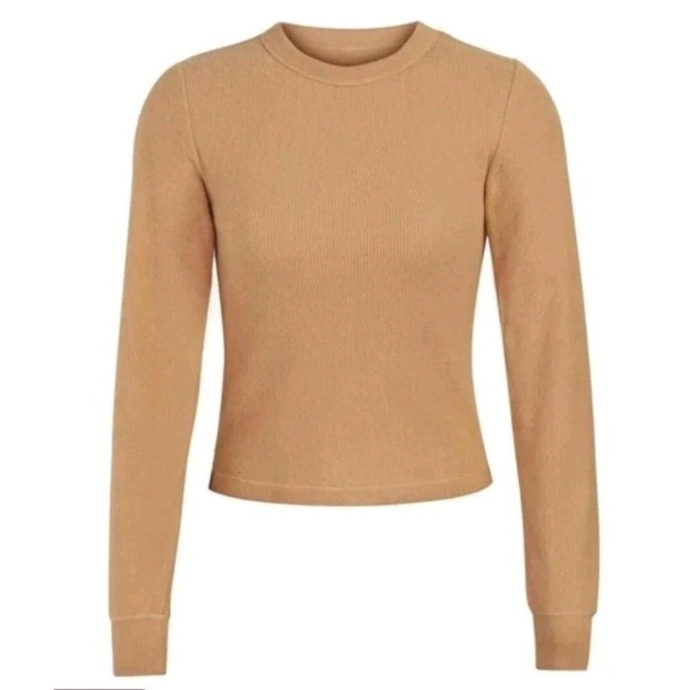 Women's 4X SKIMS Waffle Knit Henley‎ Shirt Long Sleeve Top Camel Brown